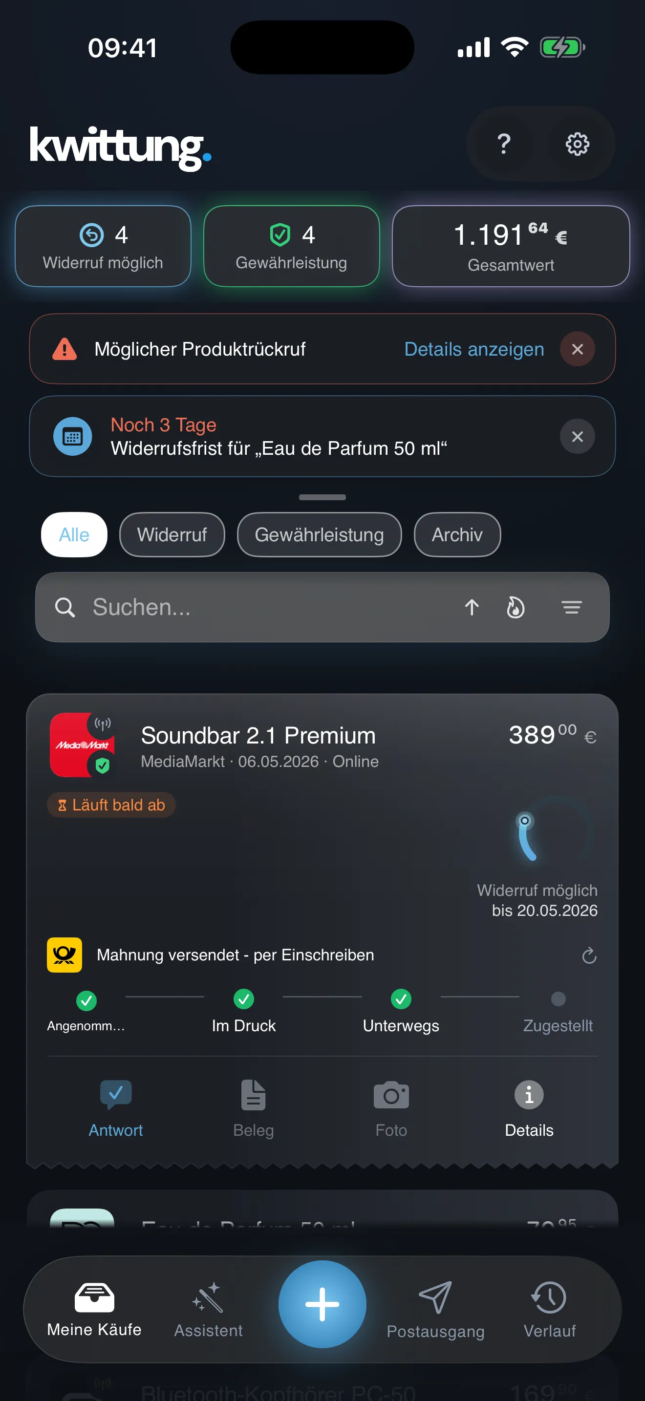kwittung-App: Belegübersicht mit Fristen und Gesamtwert