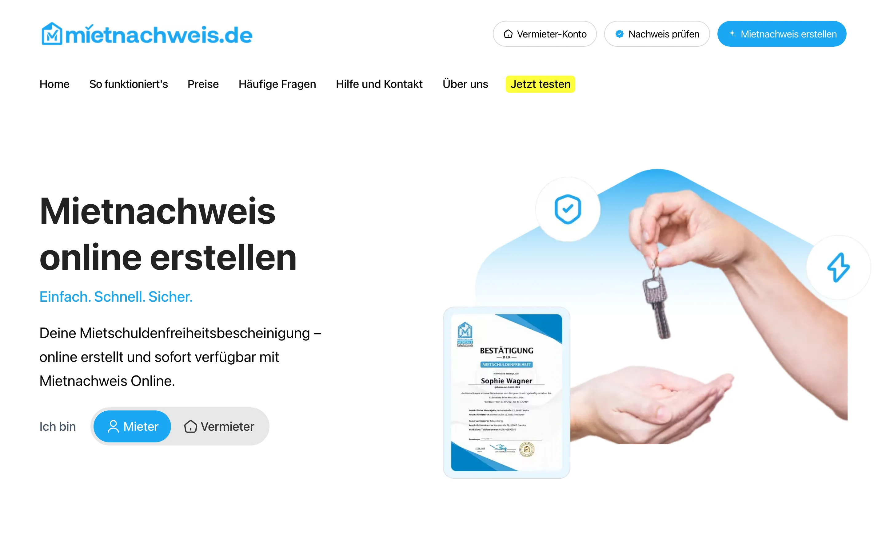 Startseite von mietnachweis.de: Mietnachweis online erstellen