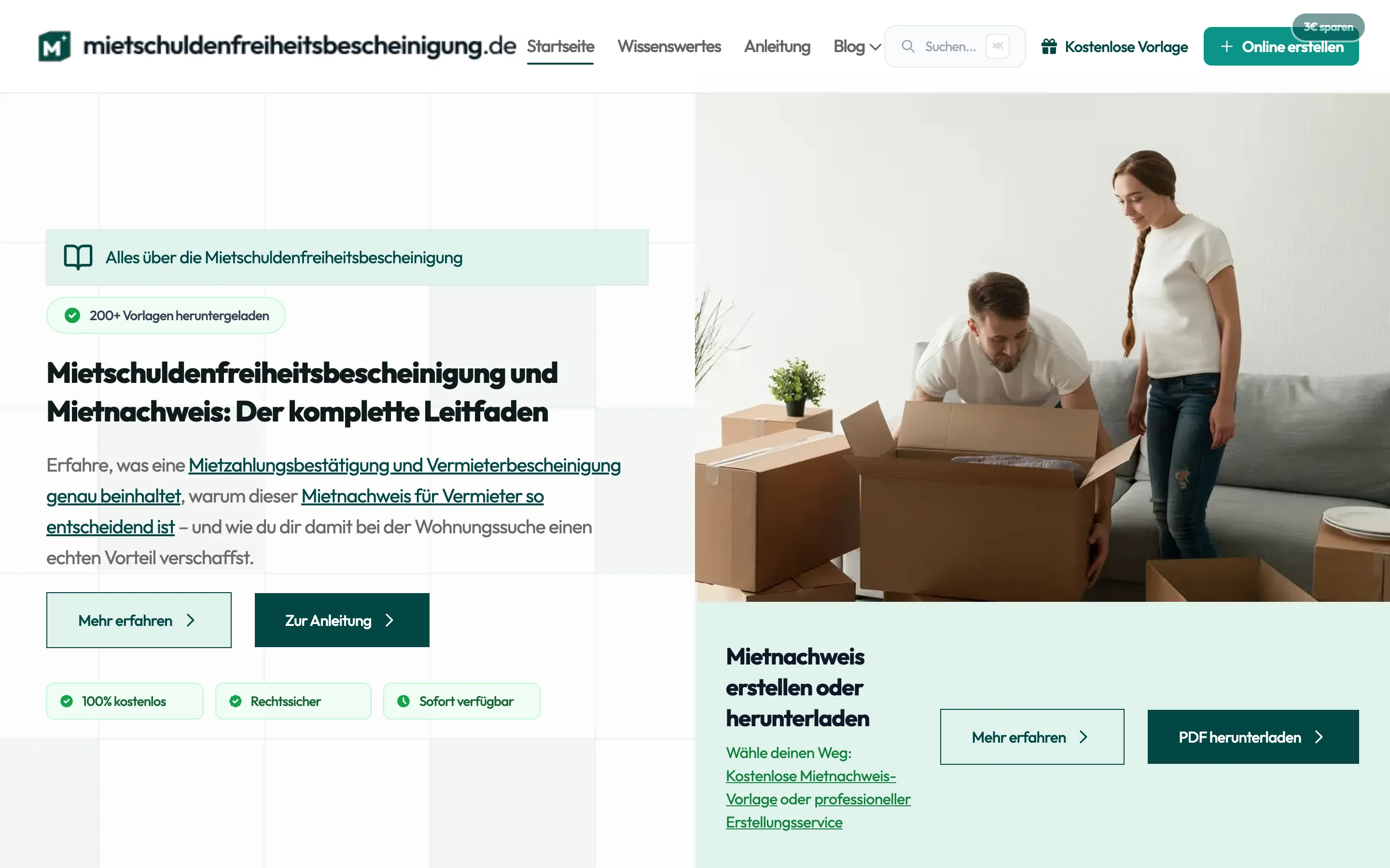 Startseite von mietschuldenfreiheitsbescheinigung.de mit Ratgeber und Vorlagen