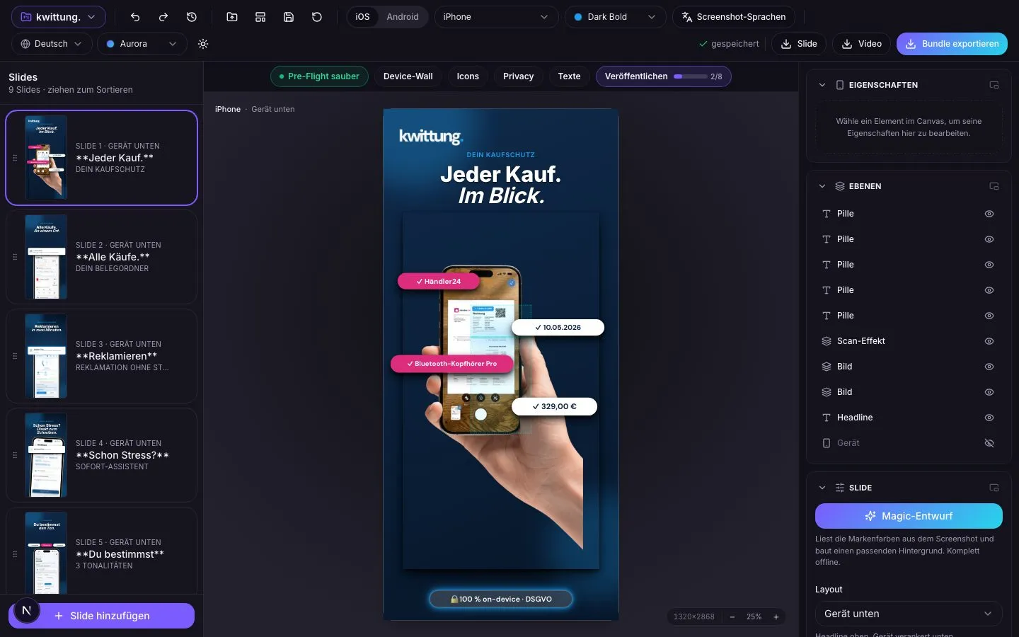 shotline-Editor in Aktion: kwittung-Marketing-Deck mit Slides, Canvas und Magic-Entwurf